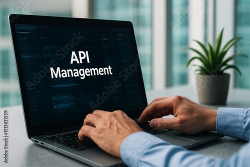 API Management Software Interface Modern Laptop Screen Digital Technology Business Professional Hands Typing Efficient Workflow Online Application Development Programmer Coding Interface User          photo