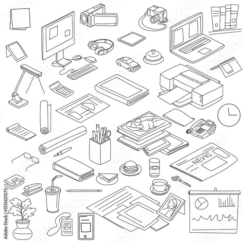 Office elements drawings, doodle style illustration, business illustration background