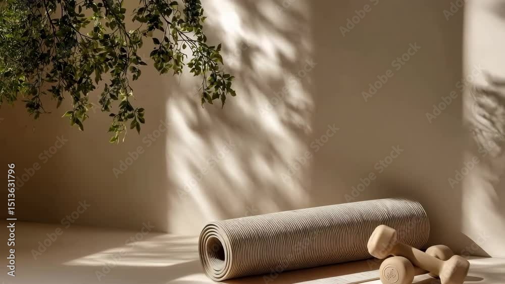 Gentle sunlight illuminates a yoga mat and dumbbells, casting shadows of a plant on a neutral background, a peaceful atmosphere for workouts. serene fitness environment for home exercise routine