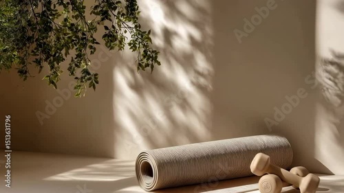 Gentle sunlight illuminates a yoga mat and dumbbells, casting shadows of a plant on a neutral background, a peaceful atmosphere for workouts. serene fitness environment for home exercise routine