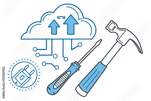Cloud upload system with digital circuits and construction tools illustration