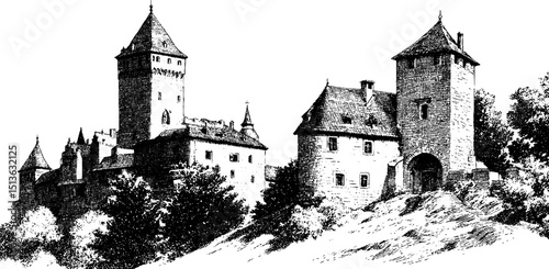 Detailed engraved illustration of historic castle with towers for decorative design
