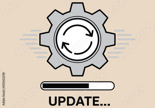 Vector illustration of update icon with gear and progress bar - update, gear, progress bar, vector, loading, technology, software, interface, minimal, icon.