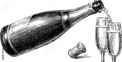 Engraved champagne bottle and glasses with popping cork for celebrations