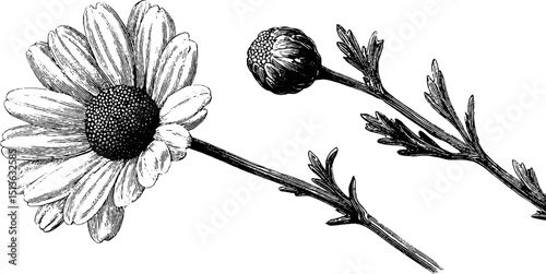 Engraved illustration set of chamomile flower for botanical design and art projects