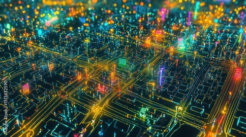 Luminous urban blueprint: A vibrant cityscape glowing with intricate circuitry patterns