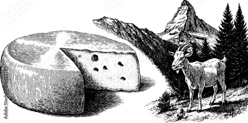 Engraved illustration of cheese wheel with mountain goat and alpine landscape