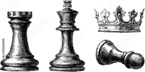 Intricate engraved chessboard elements with chess pieces for classic game design