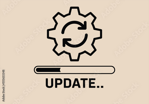 Vector illustration of update icon with gear and progress bar - update, gear, progress bar, vector, loading, technology, software, interface, minimal, icon.