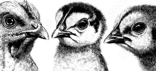 Engraved illustration set of chicken heads for farm design and rustic decor