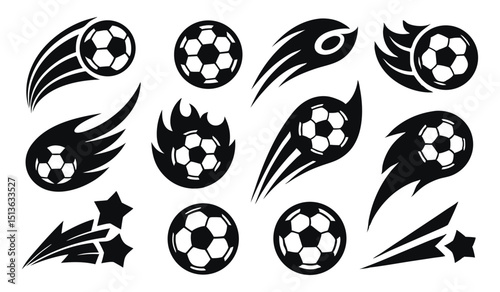 Set of Black & White Soccer Ball Icons with Motion Trails & Flames, On White Background
