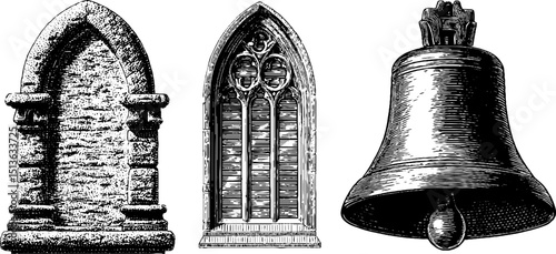 Engraved vintage illustration set featuring church architecture and bell design