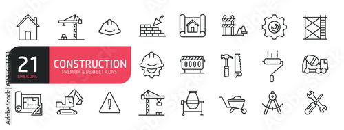 Set of line icons related to building, home repair, excavator, contractor, renovation. Outline icons collection. Editable stroke. Vector illustration.