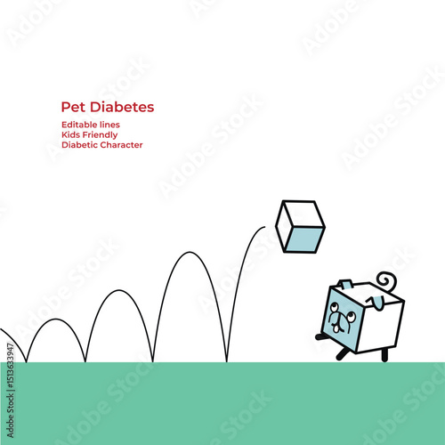 Cubic dog pug representing the pet with diabetes is catching the sugar cube like it is the bouncing ball. Rising level of glucose or blood sugar. 
