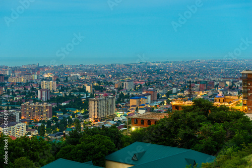 Evening view of the coastal city of Makhachkala from the observation deck of Mount Tarki-Tau. Dagestan