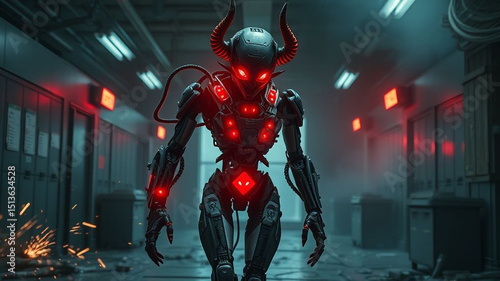 Cybernetic Demon Awakening Red Eyed Robotic Fiend in Dark Industrial Corridor Horned Android Sci Fi Nightmare Tech