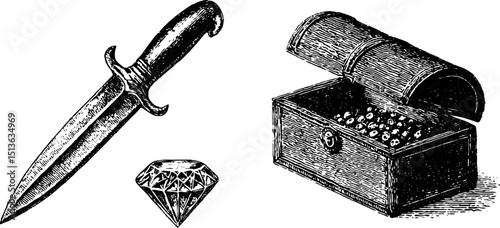 Vintage engraving of dagger with jewel and treasure chest design for historical decor