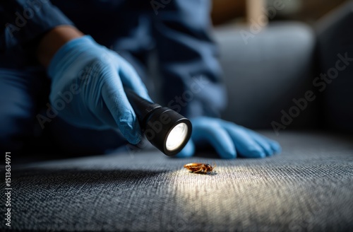 Professional pest control worker using flashlight inspects couch for pests, showcasing attention to detail and safety. scene highlights importance of pest management maintaining clean environment
