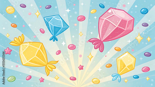 Colorful candy gemstones exploding on a pastel blue background