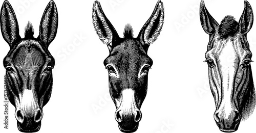 Vintage donkey illustrations set for rustic design and decor projects