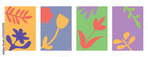 Set of summer abstract botanical backgrounds. Fun floral nature shapes. Banners with summer patterns. Vector illustration.
