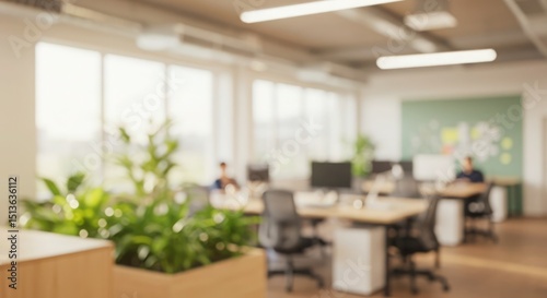 Vibrant open office blur with lush green plants & natural light. Fresh backdrop for eco-friendly & wellness themes.