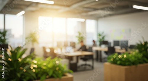 Vibrant open office blur with lush green plants & natural light. Fresh backdrop for eco-friendly & wellness themes.