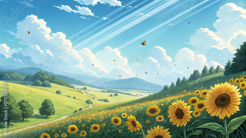 Sunflowers blooming in a rolling green hill landscape with butterflies