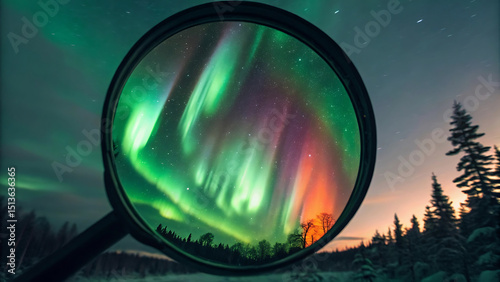 Aurora borealis reflected in a round mirror at night