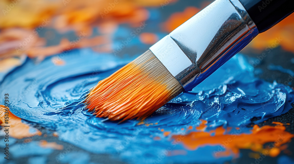 paintbrush with blue and orange pigment on canvas, close-up detail paintbrush with blue and orange pigment on canvas, close-up detail