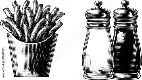 Classic french fries with salt and pepper shakers: vintage engraved illustration