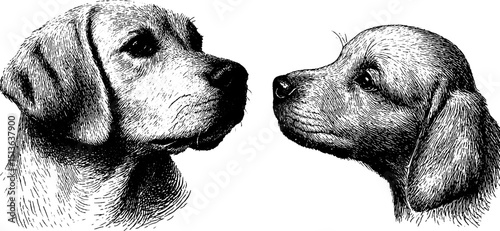 Engraved illustration of golden retriever set facing each other - pet art design for wall decor