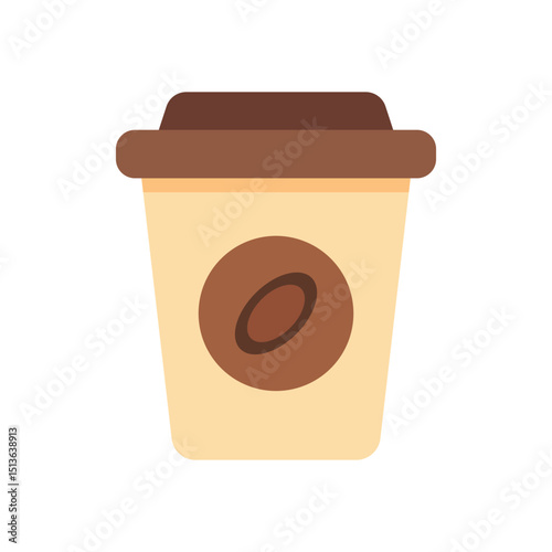 Minimalist coffee cup icon with dark lid and bean emblem in warm tones flat illustration