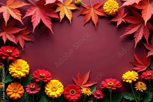 Crimson maple leaves scattered amongst vibrant zinnias and goldenrod , close up, september