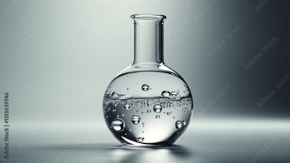 Close-up of a clear experimental flask filled with liquid showing floating air bubbles of different sizes against a gradient grey background.