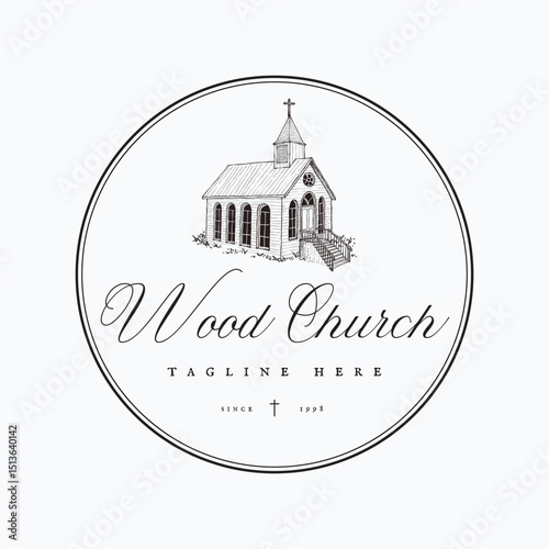 Vintage old church from wood. Circle emblem and badge hand drawn vector illustration logo design template 