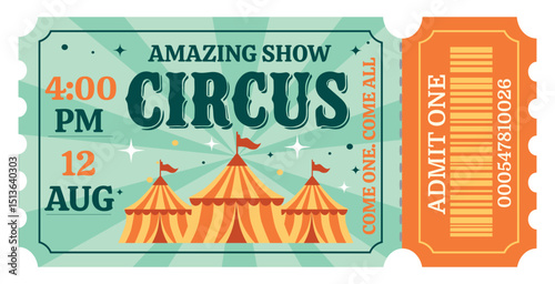 Circus ticket. Vector flat horizontal ticket in vintage style, simple style, orange, blue, blue color palette