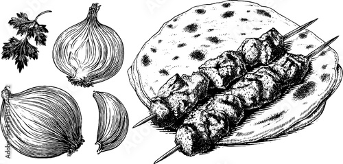 Engraved illustration of kebab skewers with grilled vegetables and flatbread