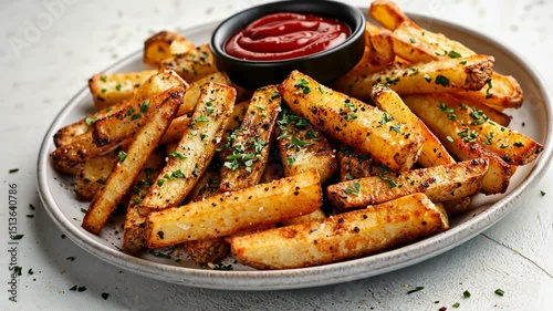 Crispy seasoned potato fries on a plate
