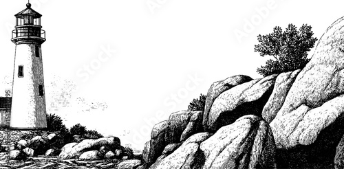 Engraved illustration of lighthouse and rocky coastline for nautical design projects