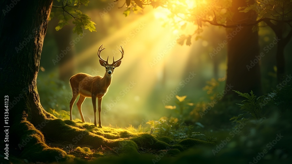 Fototapeta premium Majestic Deer Standing in Enchanted Forest with Sunlight Rays