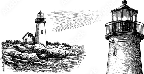 Engraved lighthouse illustration set depicting coastal scenes and seascape