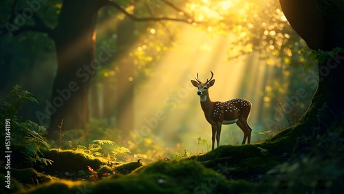 Majestic Deer Standing in Enchanted Forest with Sunlight Rays