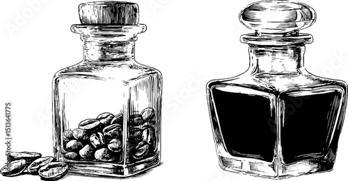 Vintage engraved liqueur bottles set featuring artistic design elements