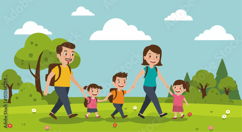 Family fun with mother and children playing happily in a summer park, a joyful cartoon illustration