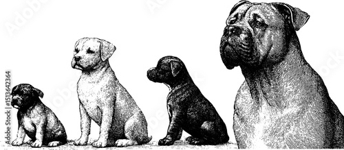 Engraved illustration of male and female dogs in various poses for artistic design