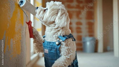 A small white Maltese dog in a blue jumpsuit holds a paint roller in a room with yellow walls and exposed brick. The scene suggests home improvement, renovation, and creativity.