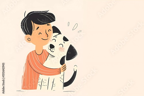 Man with a dog. The owner hugs his pet. Friendship, love for animals. Stylized cartoon illustration