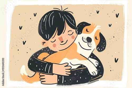 Man with a dog. The owner hugs his pet. Friendship, love for animals. Stylized cartoon illustration