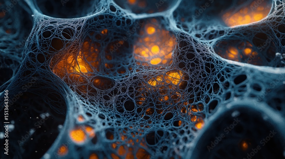Fototapeta premium Microscopic mesh structure with glowing orange cores in black organic web
